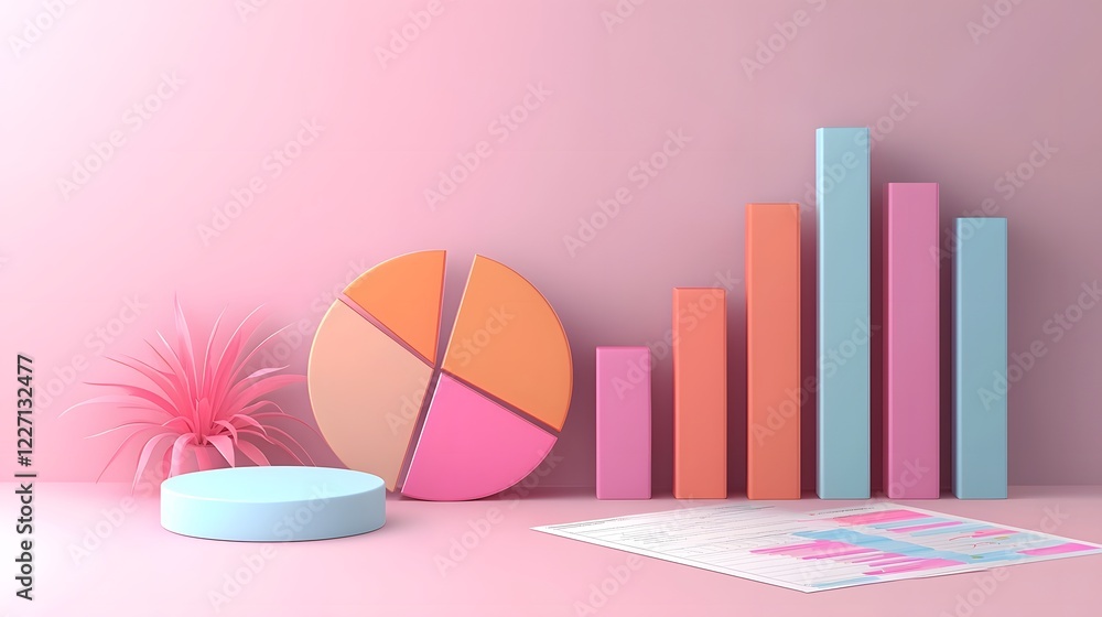 Aufkleber A contemporary 3D business intelligence setup featuring a segmented multicolored pie chart placed on a workspace filled with financial performance market data sheets and strategic planning documents