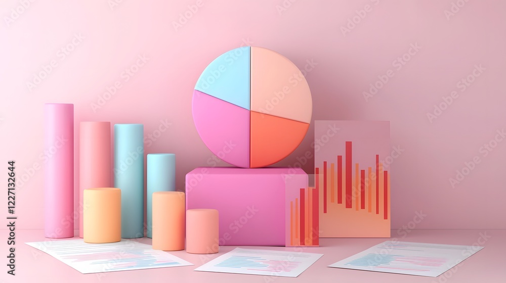 Poster Corporate Finance Analytics with Dynamic 3D Pie Chart Centerpiece   A Compelling Business Data Visualization Scene with Market Analysis Documents Charts and Spreadsheets