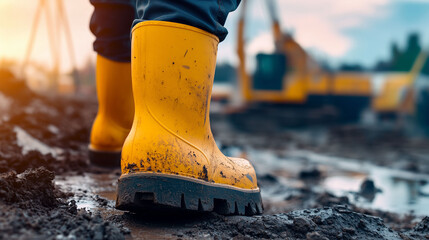 workers rubber boots on building construction site with machinery crane working on background