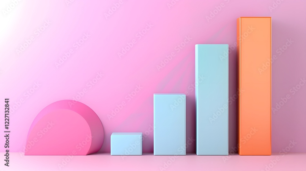 Poster A vibrant 3D rendered bar graph with metallic and iridescent reflections ascending smoothly in height to represent progress achievement and financial growth surrounded by a futuristic abstract design
