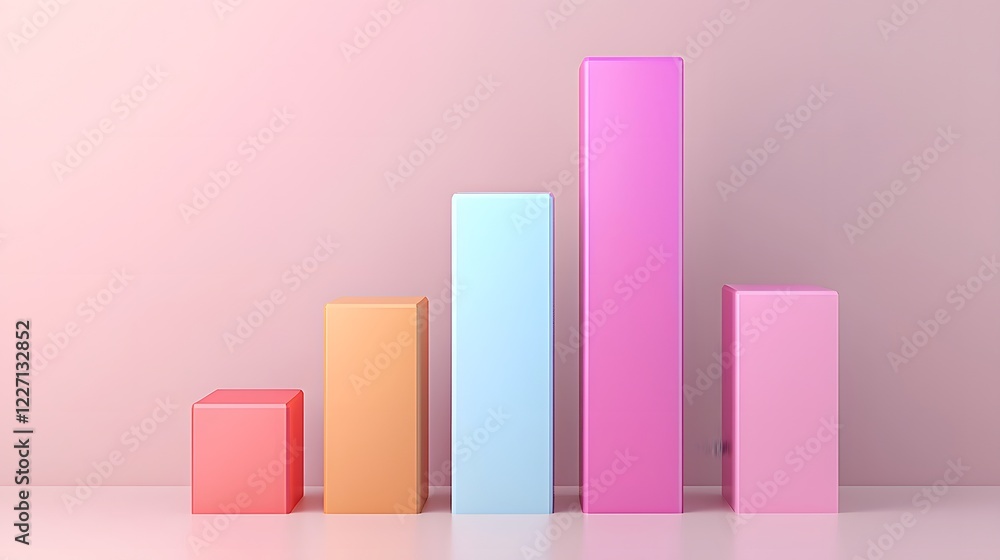 Poster Futuristic 3D bar graph with an iridescent gradient rising dynamically from shortest to tallest symbolizing business growth success and innovation