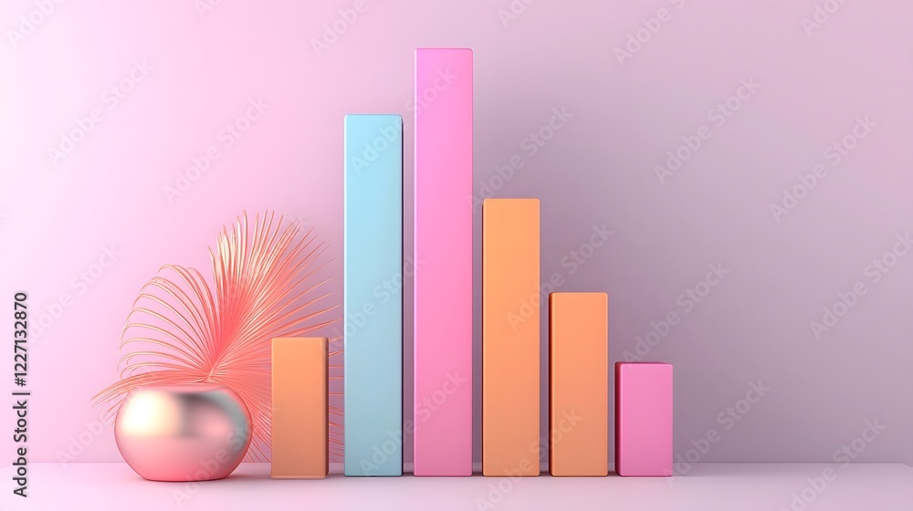Poster Sleek and sophisticated 3D rendered bar graph with shimmering metallic and iridescent reflections smoothly ascending in height to symbolize progress achievement and financial growth