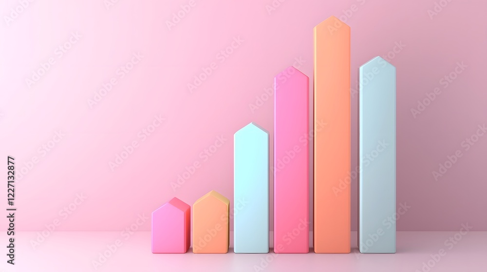 Poster A vibrant 3D rendered bar graph with metallic and iridescent reflections ascending smoothly in height to represent progress achievement and financial growth surrounded by a futuristic abstract design