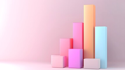 Futuristic and dynamic 3D bar graph with an iridescent gradient rising from shortest to tallest symbolizing business growth success and innovation
