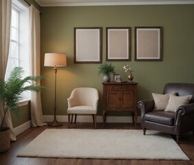 A modern Scandinavian-inspired living room with a armchair set and multiple photo frames is displayed on the wall 3d illustration.