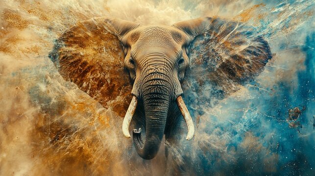 Majestic elephant emerges from colorful dust cloud, African savanna, powerful nature image