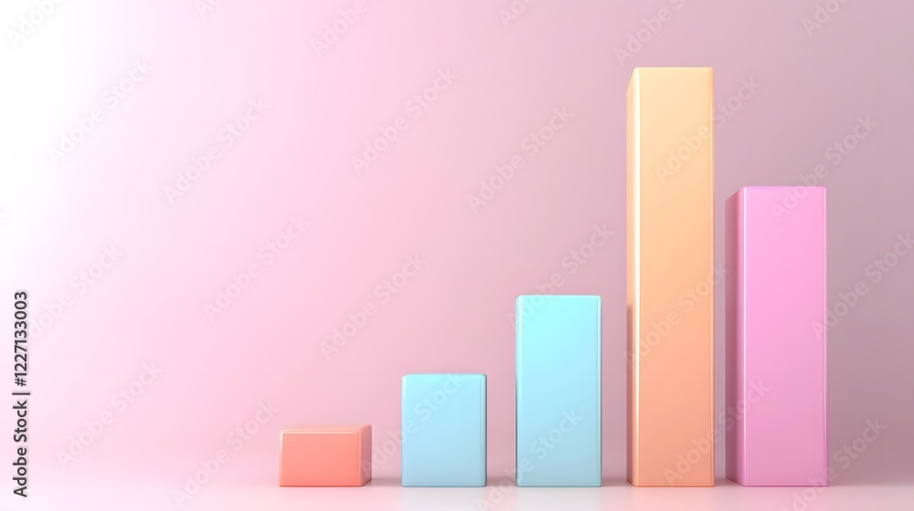 Poster High tech Visualization of an Ascending 3D Bar Graph with a Glossy Multicolored Iridescent Finish Floating in a Digital Space Symbolizing Success Performance Improvement and Cutting edge Analytics