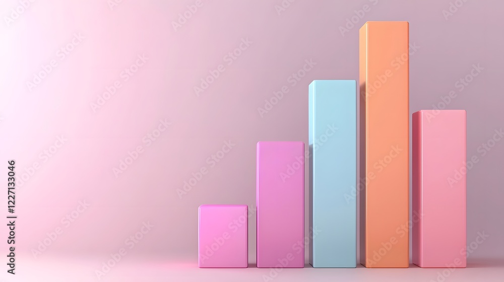 Aufkleber A high tech visualization of an ascending 3D bar graph with a glossy multicolored iridescent finish floating in a digital space symbolizing success performance improvement and cutting edge analytics