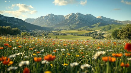 Fototapeta premium Lush Green Landscape with Colorful Flowers Under Clear Blue Sky in Organic Farming Environment