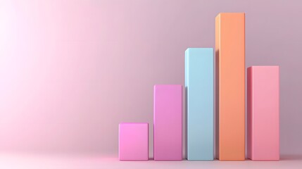 A high tech visualization of an ascending 3D bar graph with a glossy multicolored iridescent finish floating in a digital space symbolizing success performance improvement and cutting edge analytics