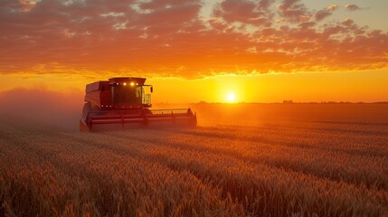 Obraz premium Combine harvester harvesting wheat at sunset. (2)