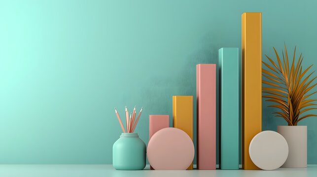 Visually striking 3D financial data representation featuring a gradient iridescent bar graph rising from lowest to highest highlighting economic growth corporate success and cutting edge technology