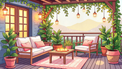 Cozy terrace with wooden furniture and plants, peaceful ambiance