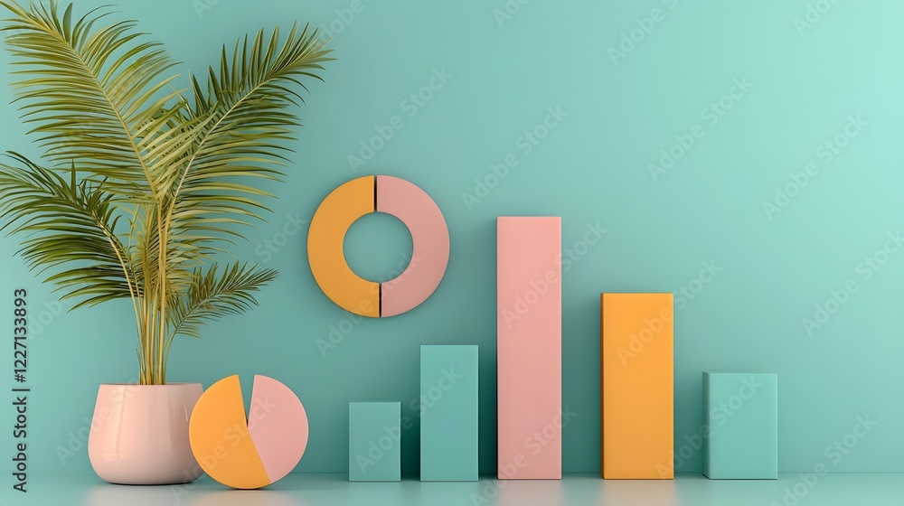 Poster Sleek and futuristic 3D pastel toned data visualization setup featuring interactive bar graphs pie charts