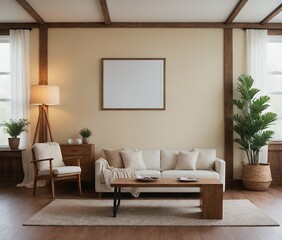 A modern Scandinavian-inspired living room with a beige colour sofa set with multiple photo frames is displayed on the wall 3d illustration.