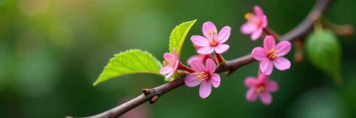 Fototapeta premium Small pink flowers on woody stems with leaves and twigs, closeup, twig, hyptis bushmint