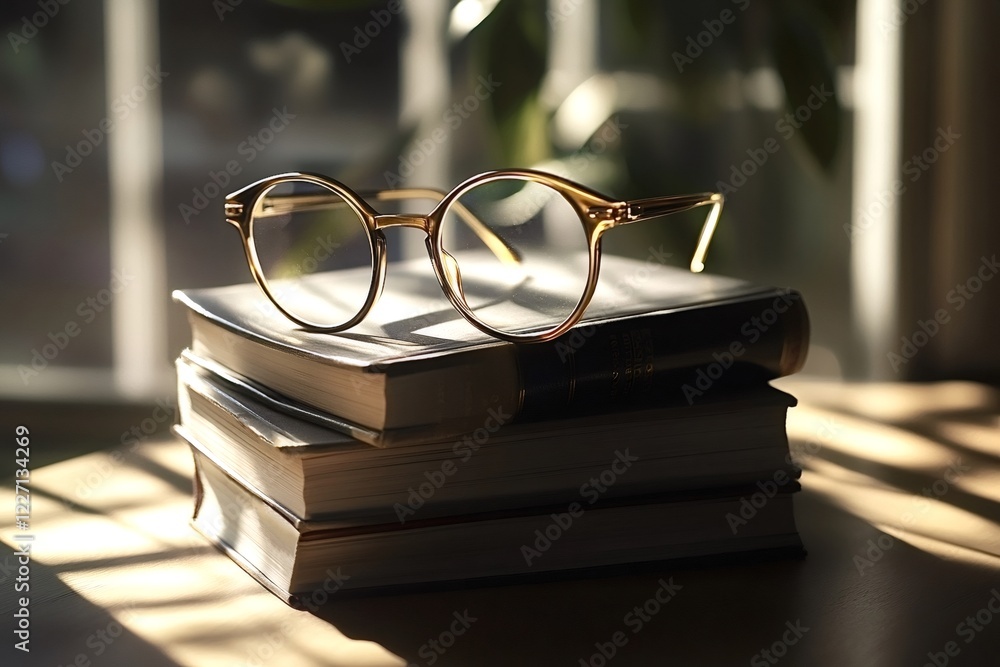 Poster round eyeglasses are placed on a stack of books, illuminated by warm sunlight streaming through a ne