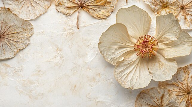 Dried flowers arranged on textured background, flat lay, copy space, wedding invitation design