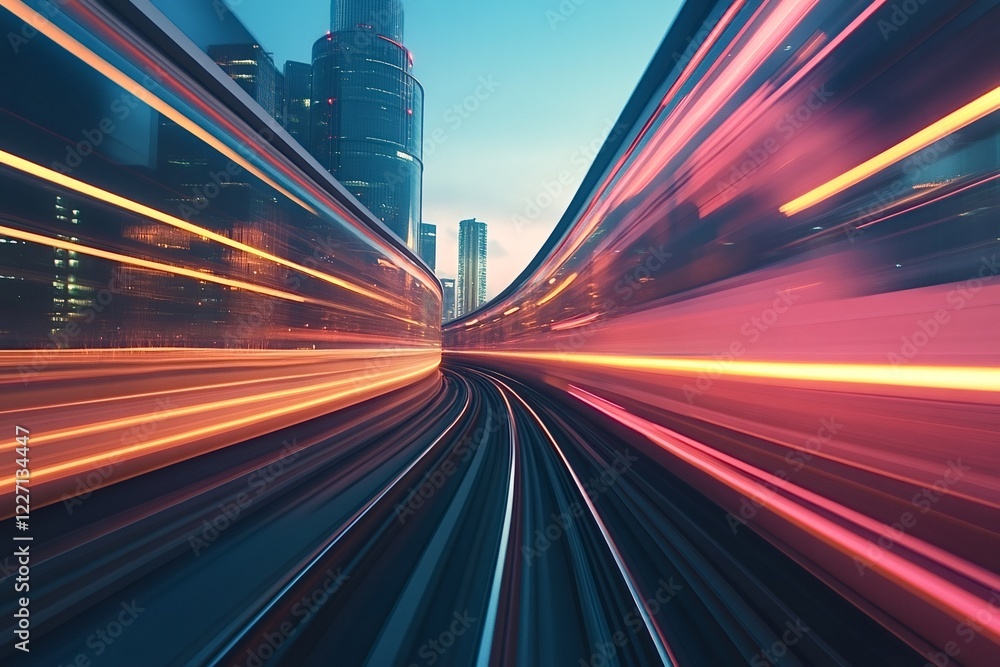 Aufkleber light trails from a futuristic high-speed train create a dynamic blur as it speeds through a modern 