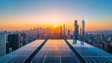 Captivating Sunset Over New York City with Solar Panels on Rooftops Showcasing Sustainable Energy Solutions