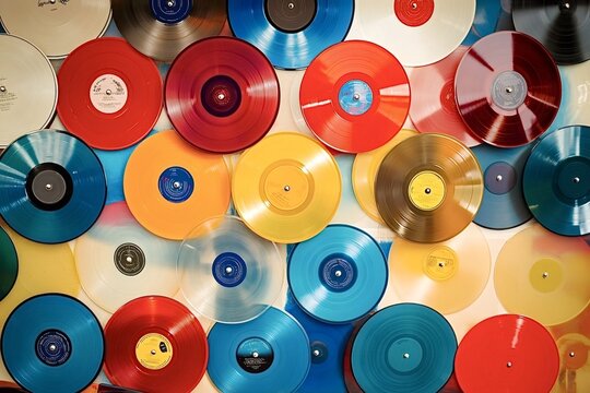 Many colorful vinyl records are displayed on a wall, creating a vibrant and nostalgic backdrop reminiscent of music history and audiophile culture