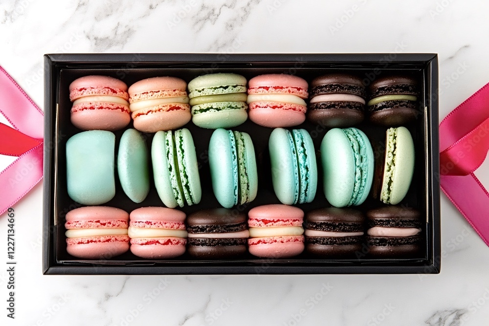 Poster black gift box is filled with colorful macarons arranged in neat rows, sitting on a white marble tab