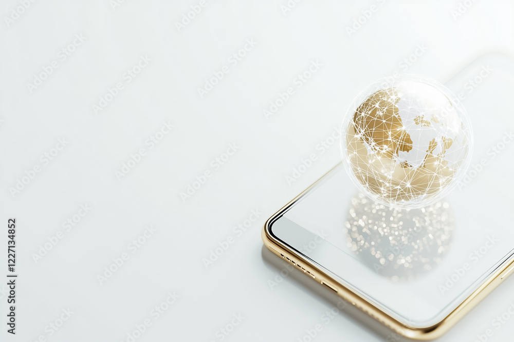 Poster a basic smartphone shape rests on a white surface, complemented by a tiny globe icon