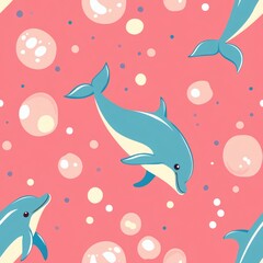 Fototapeta premium Colorful dolphins swimming playfully in a vibrant underwater pattern with bubbles and coral background