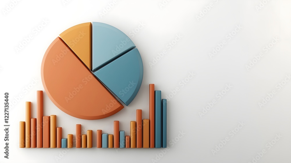 Aufkleber Vibrant 3D data visualization display featuring a sleek arrangement of colorful geometric pie charts line graphs and bar charts on a clean white minimalist background with crisp shadows
