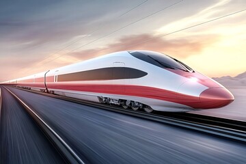 Obraz premium Red and white high-speed train racing along the railway at sunset, creating a dynamic motion blur effect that emphasizes speed and the excitement of modern transportation and travel