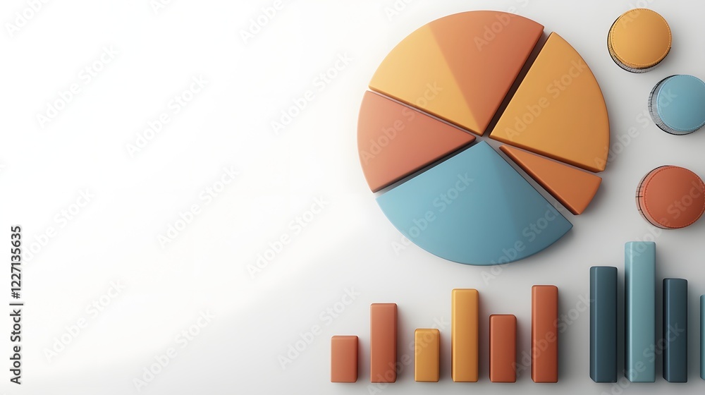 Aufkleber Captivating 3D Business Analytics Visualizations with Vibrant Pie Charts and Bar Graphs Floating on a Pristine White Background  Modern colorful data presentation concept showcasing bold
