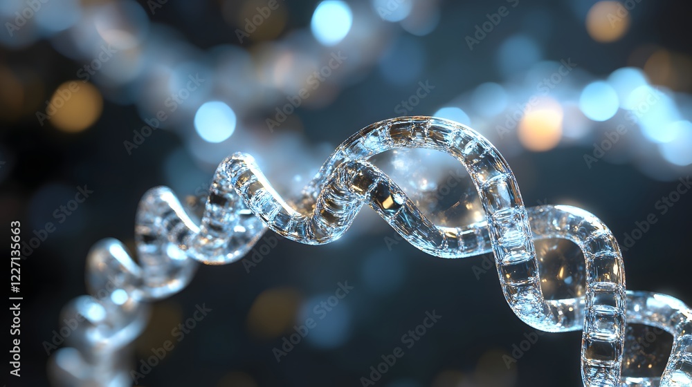 Poster a close up of a dna strand with a blue and white color scheme. the strand is twisted and has a shiny