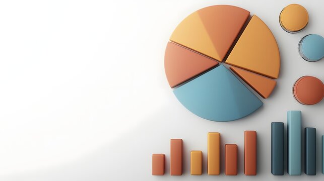Captivating 3D Business Analytics Visualizations with Vibrant Pie Charts and Bar Graphs Floating on a Pristine White Background  Modern colorful data presentation concept showcasing bold