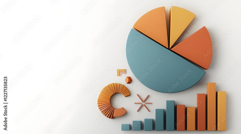 Poster Visually Engaging 3D Data Interface Featuring Vibrant Pie Charts Bar Graphs and Business Intelligence Elements Presented in a Colorful Geometric Style on a Bright White Background