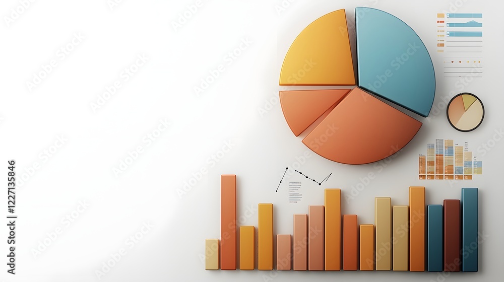Poster Vibrant 3D Data Visualization Dashboard with Colorful Geometric Charts and Analytical Graphs Depicting Business Intelligence and Financial Statistics on a Bright White Background