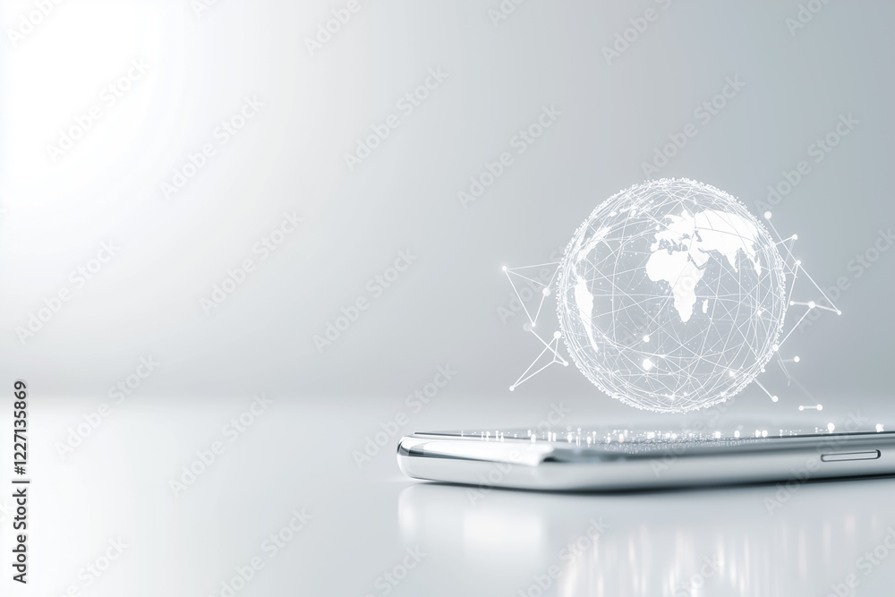 Poster a basic smartphone shape rests on a white surface, complemented by a tiny globe icon. this setup emp