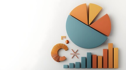 Visually Engaging 3D Data Interface Featuring Vibrant Pie Charts Bar Graphs and Business Intelligence Elements Presented in a Colorful Geometric Style on a Bright White Background