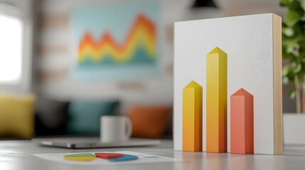 Sleek and modern 3D financial infographic featuring a variety of dynamic data visualization elements including geometric bar charts segmented pie graphs and other statistical graphics