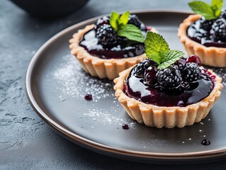 Blackberry tarts with mint leaves on dark plate, haute cuisine