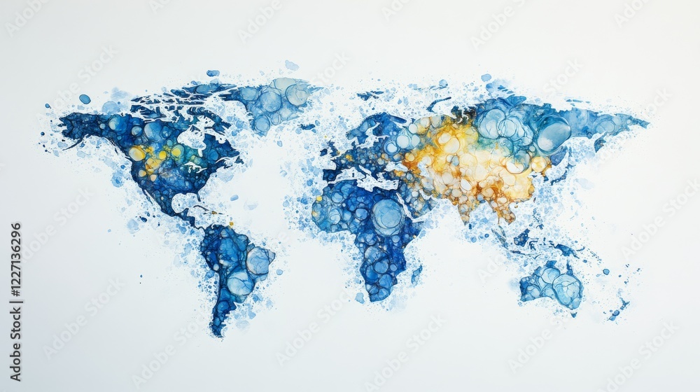 Poster abstract world map with bubbles and ink design displaying global connections and data