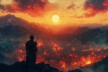 Lone warrior stands on a mountain peak, observing a burning city below as the sun sets, casting a dramatic orange glow across the sky and landscape