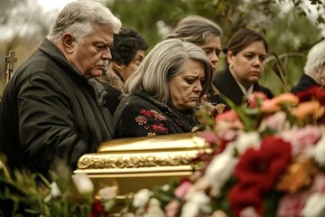 Obraz premium Family members are expressing sorrow and paying their respects at a funeral, gathered around a gold casket adorned with flowers, creating a poignant scene of mourning and remembrance