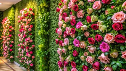 Fototapeta premium Romantic flower wall with lush greenery and vibrant pink roses in a modern indoor setting, home decor, interior design