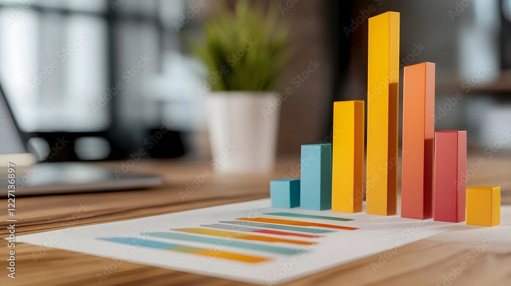 Poster Visually engaging business setting with scattered colorful analytics graphs performance charts and statistical reports spread across a wooden desk naturally lit with a dreamy bokeh background effect
