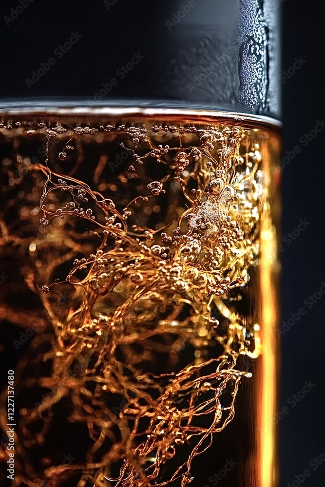 Poster close-up of golden bubbles swirling and rising in a sparkling beverage, creating intricate patterns 