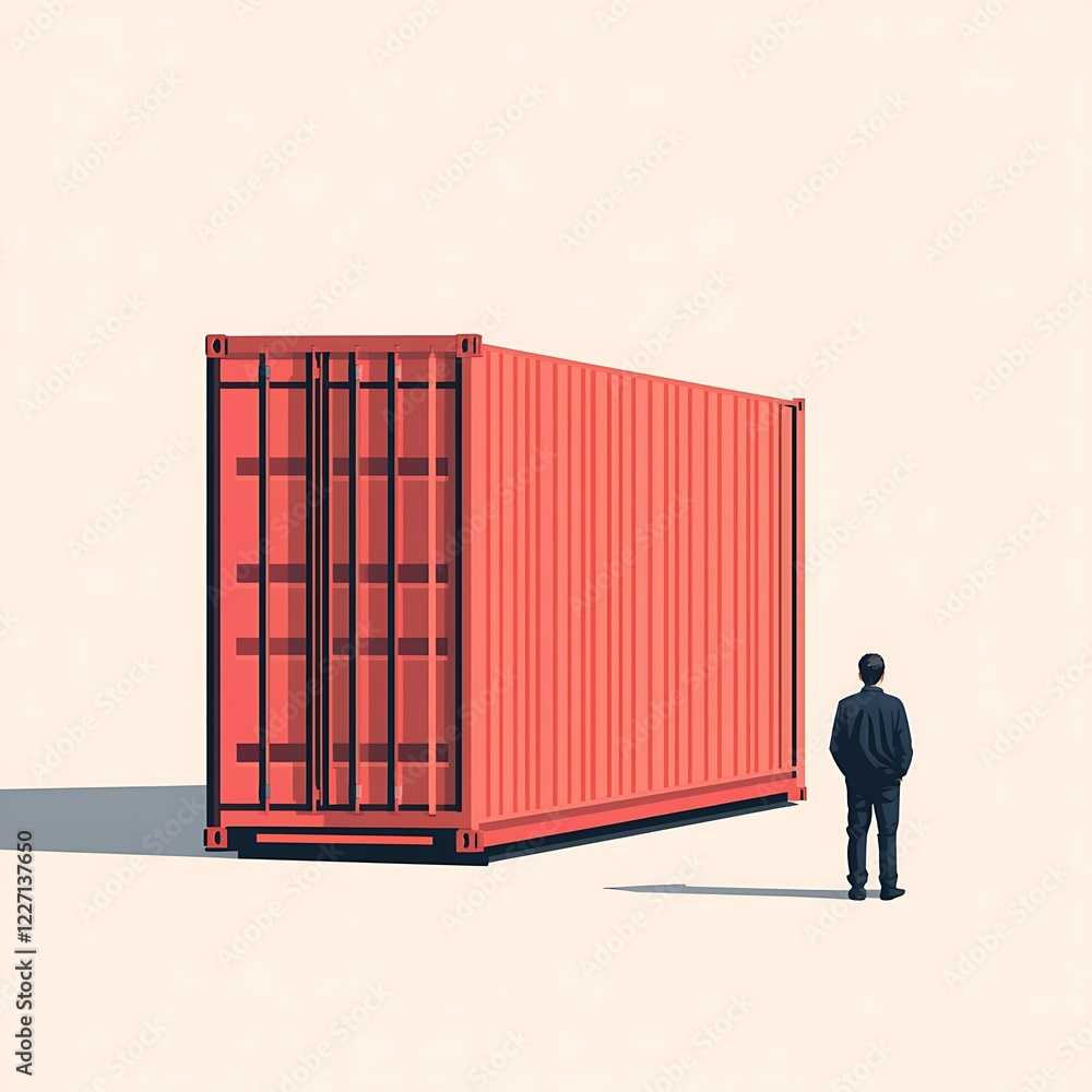 Poster a person stands in front of a large red shipping container, highlighting scale and industrial themes