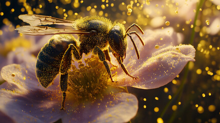 Fototapeta premium Busy bee collecting pollen from delicate primrose flower under warm sunlight in a tranquil garden setting. Generative AI