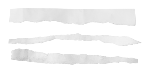 Realistic white torn paper edges isolated on transparent PNG. Ripped edge pieces of paper texture. Empty template mockup for text and messages, Design elements, PNG, Cut out