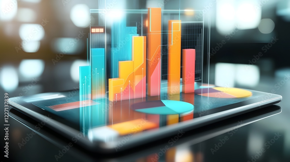 Poster Futuristic tablet device displaying colorful 3D bar and pie charts reflecting dynamic business data analytics and financial information on a glossy abstract digital surface