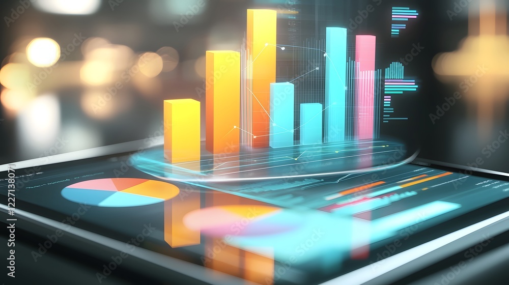Aufkleber Futuristic data visualization setup showcasing a modern tablet displaying detailed 3D pie and bar charts in vibrant colors on a highly reflective surface